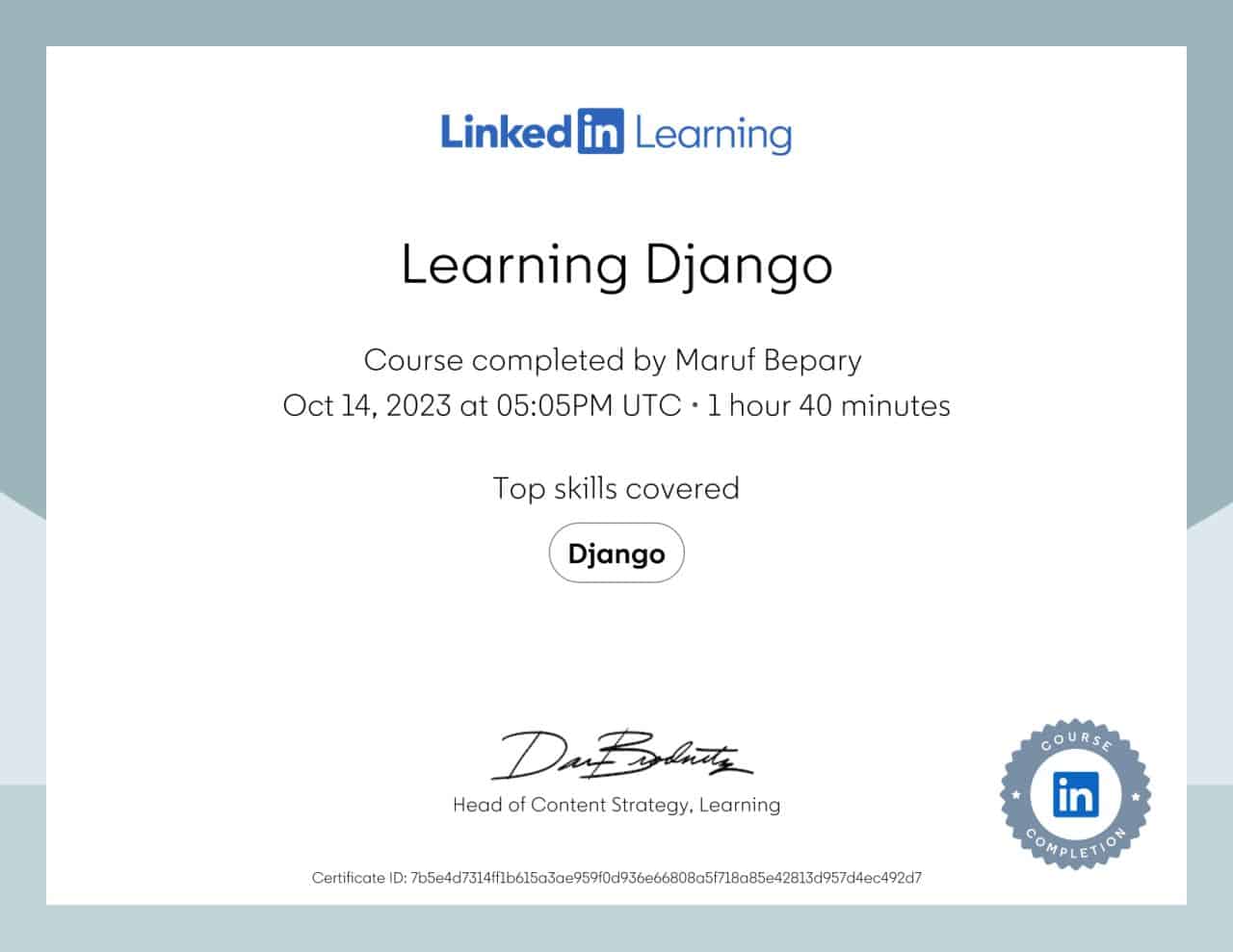 Learning Django certificate image