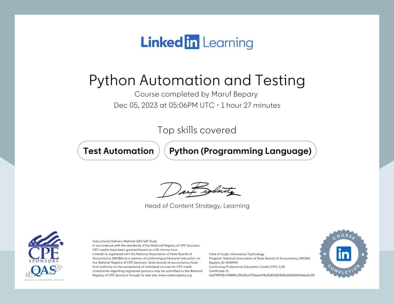 Python Automation and Testing certificate image