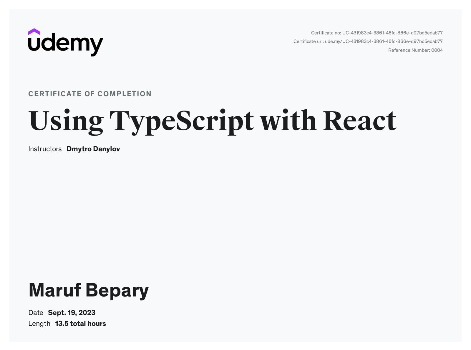 Using TypeScript with React certificate image