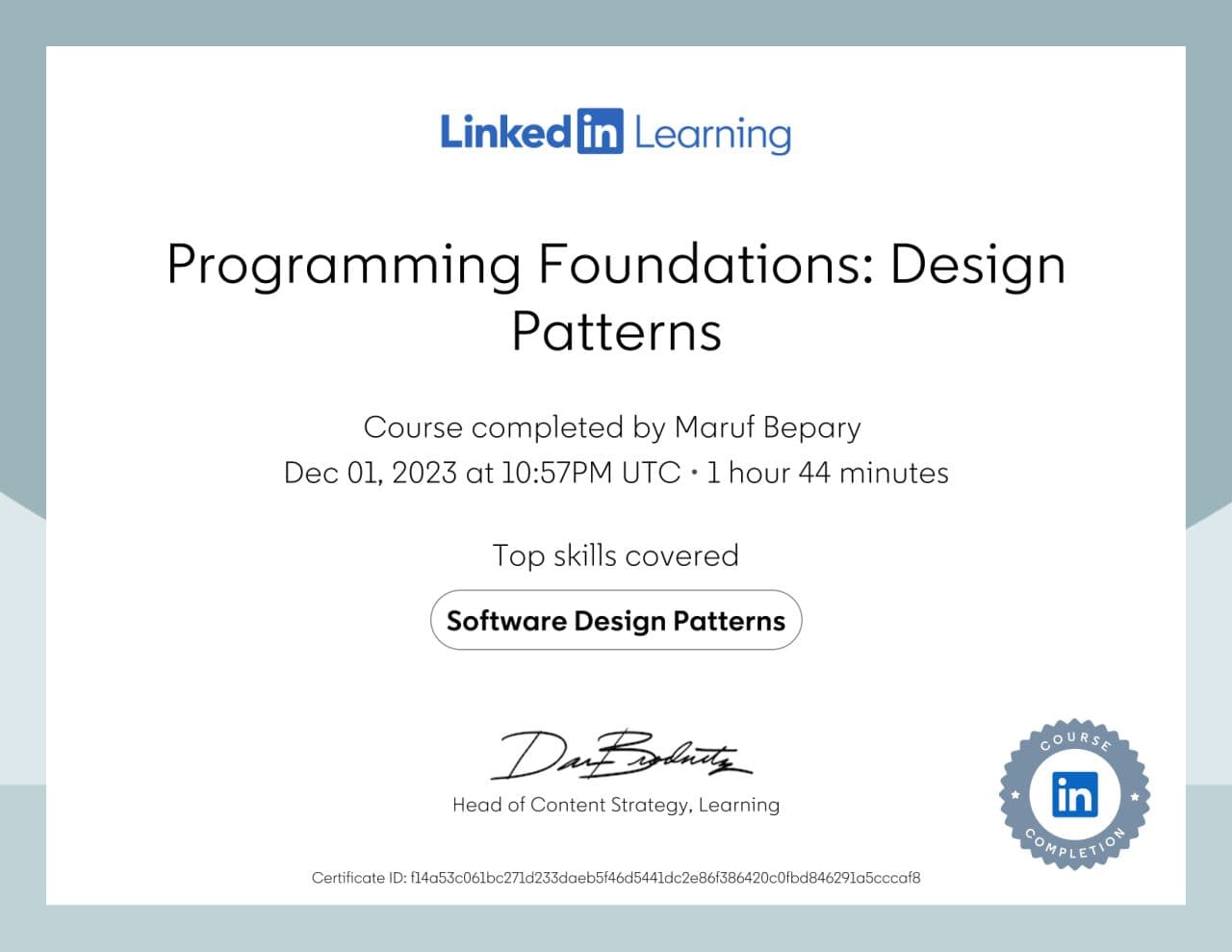 Programming Foundations: Design Patterns certificate image